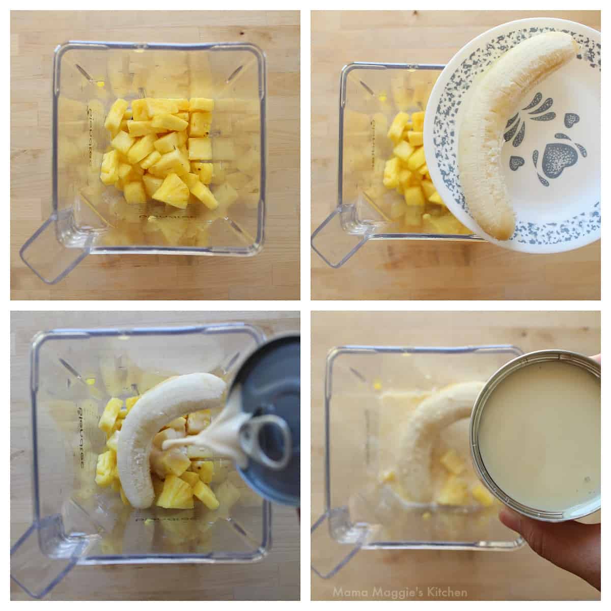 A collage showing how to make pineapple banana agua fresca.