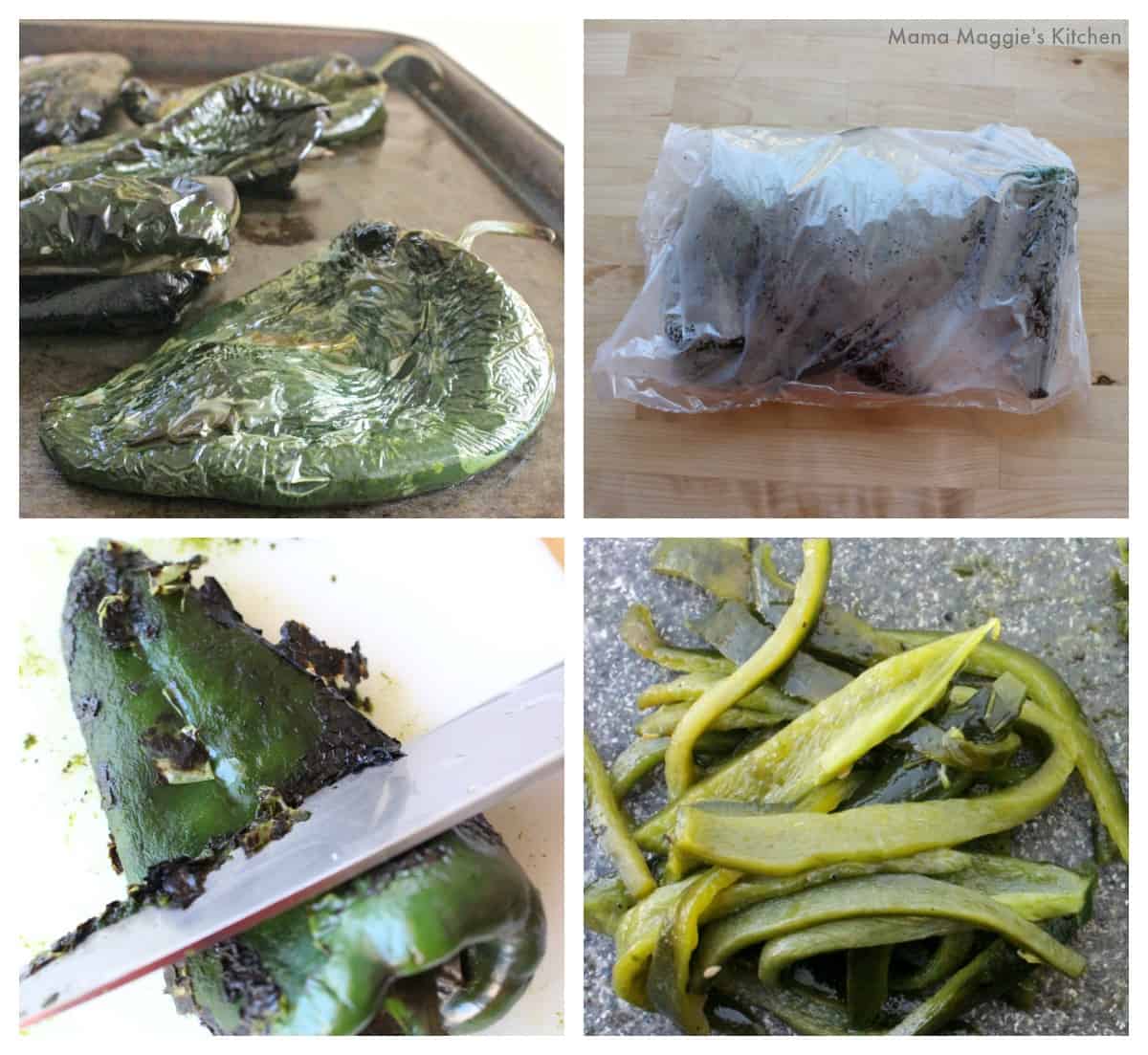 A collage showing how to roast a poblano pepper and cut it into strips.