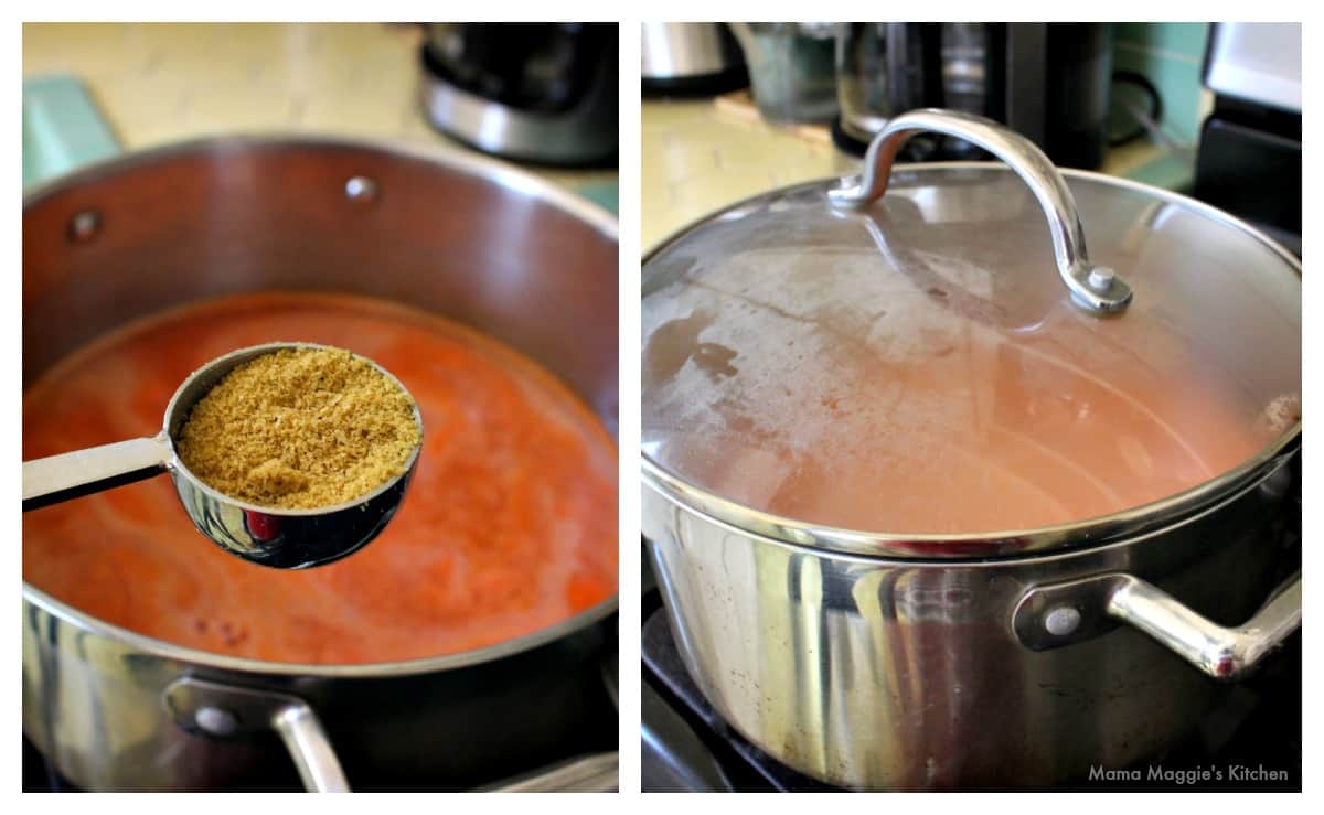 A collage showing a measuring spoon with bouillon and a stock pot covered with a lid.