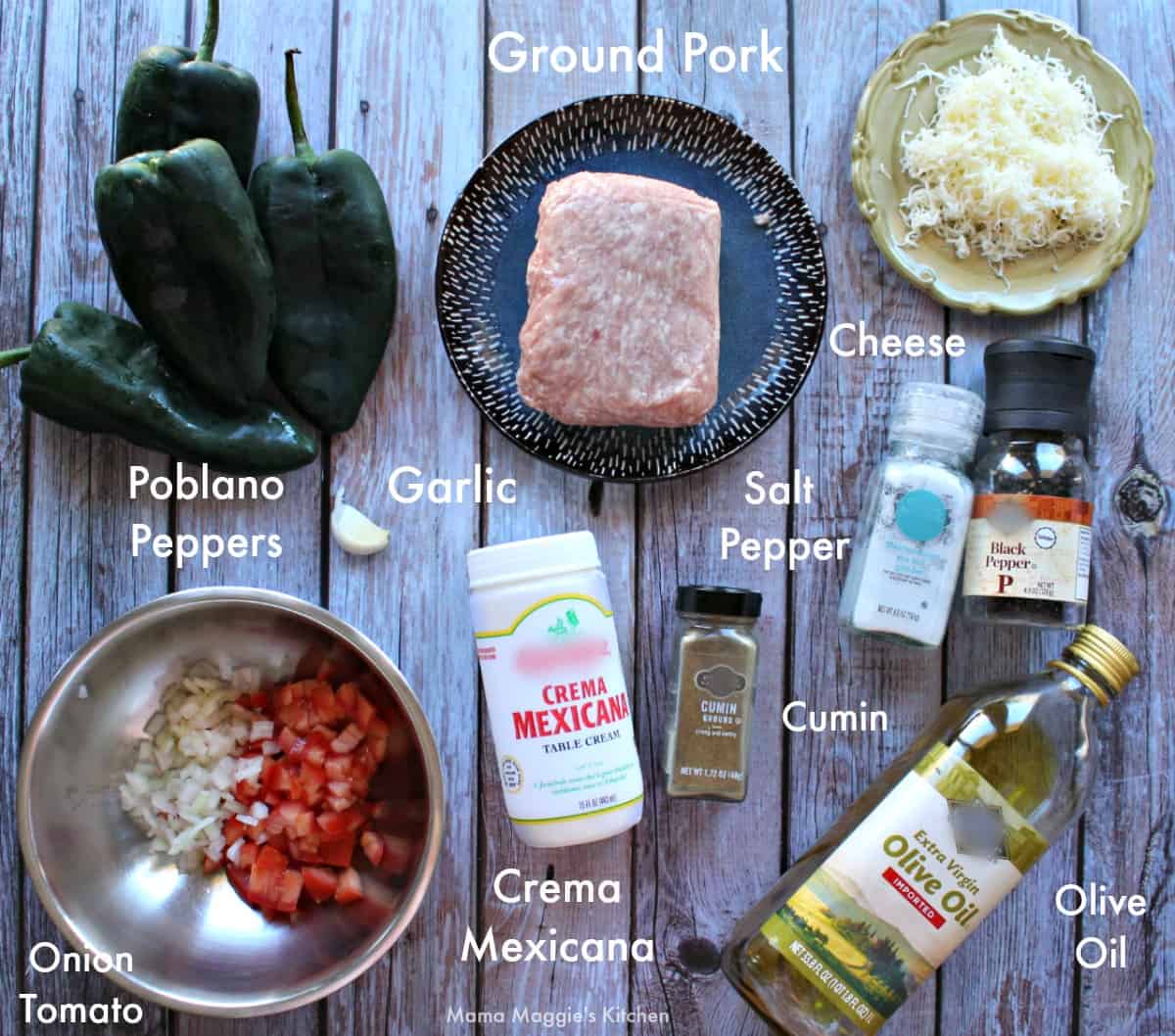 All the ingredients to make pork chile rellenos labeled and laid out.