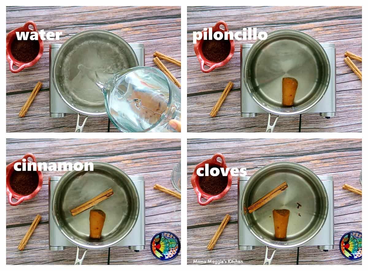 A collage showing how to make Café de la Olla.