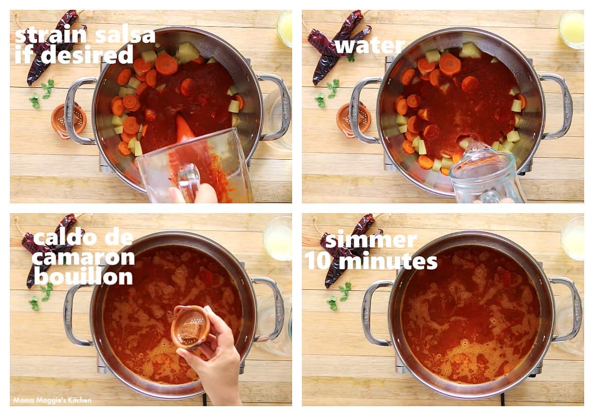 A collage showing how and when to add the liquid and guajillo sauce to the pot.