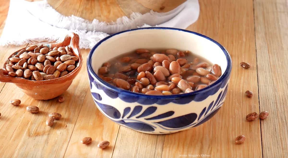 A bowl of pinto beans next to dried beans. 