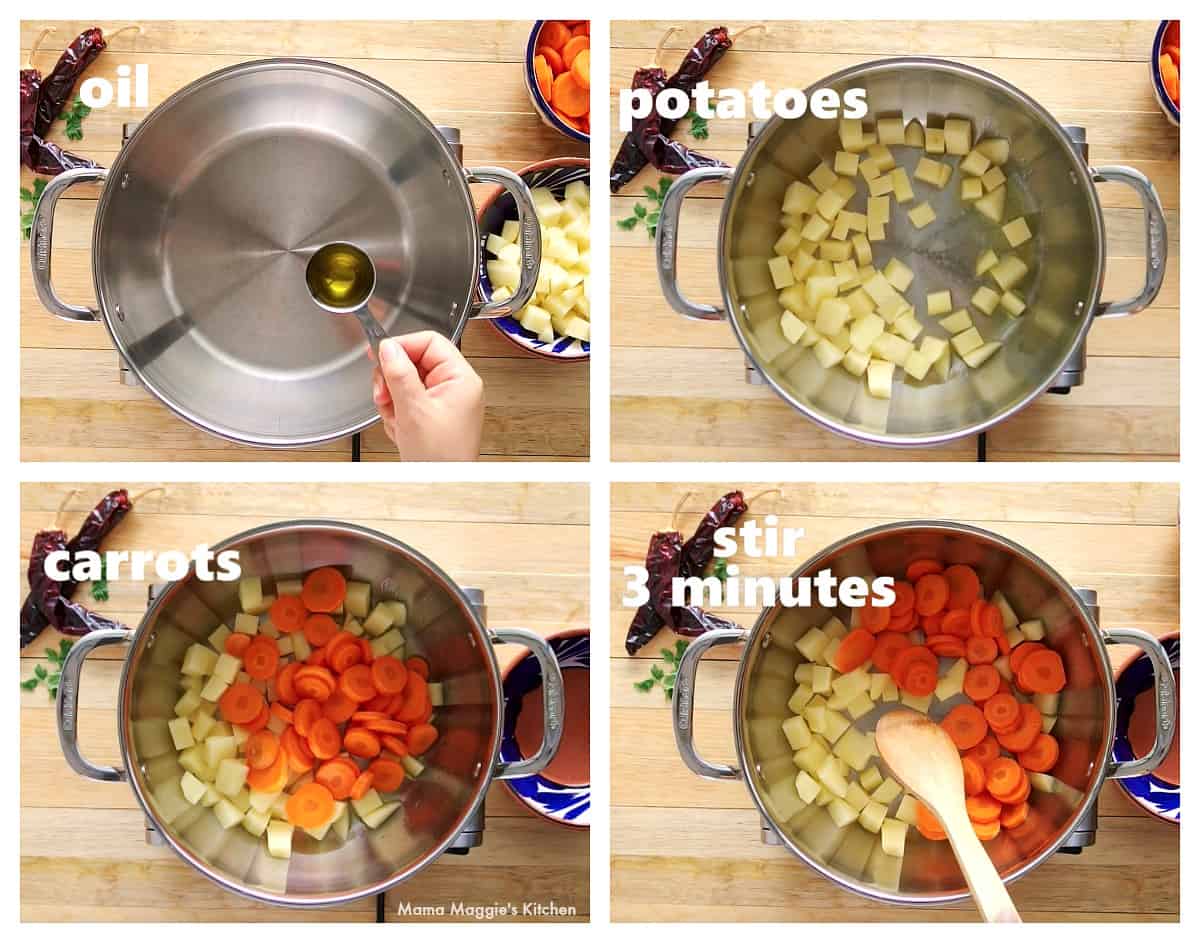 A collage showing how and when to the add the vegetables for the soup.