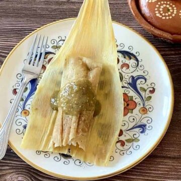 A picture of a chicken salsa verde tamal served on a plate and topped with salsa.