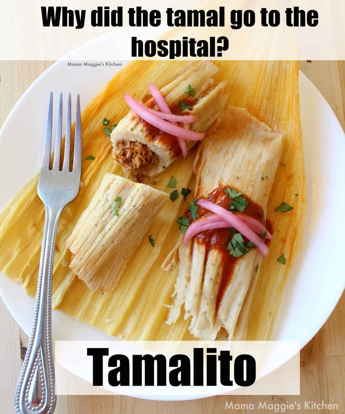 A Mexican meme with two tamales served on a white plate.