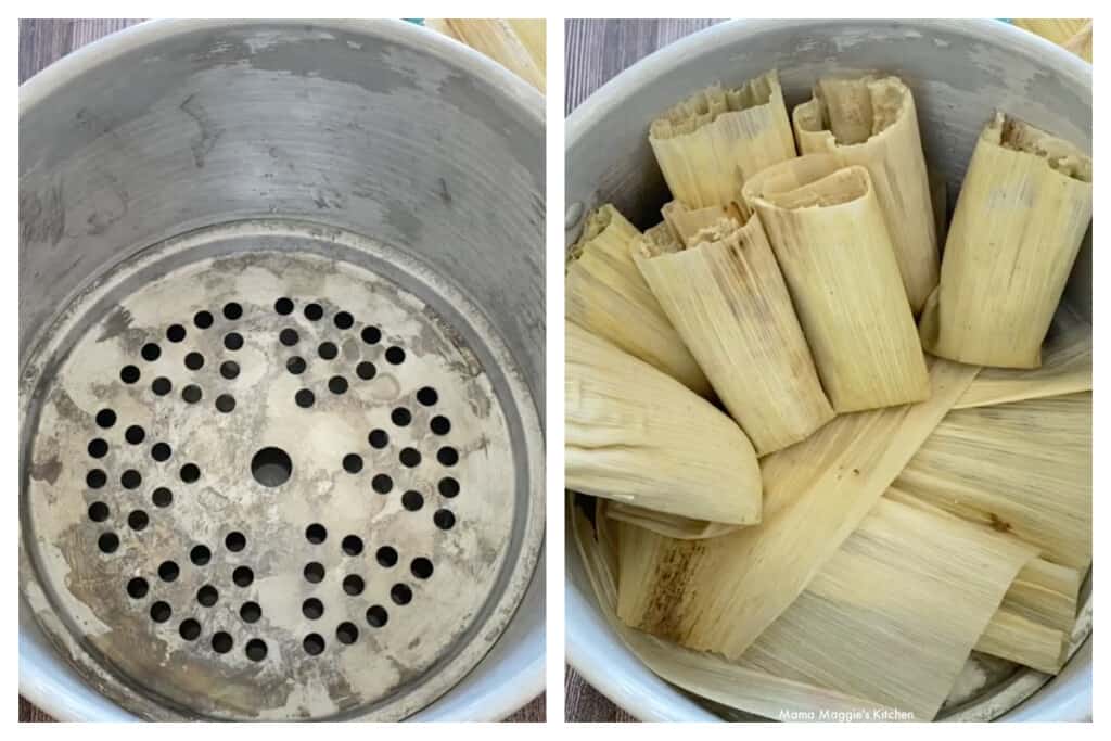A collage showing how to arrange the tamales inside a steamer pot.