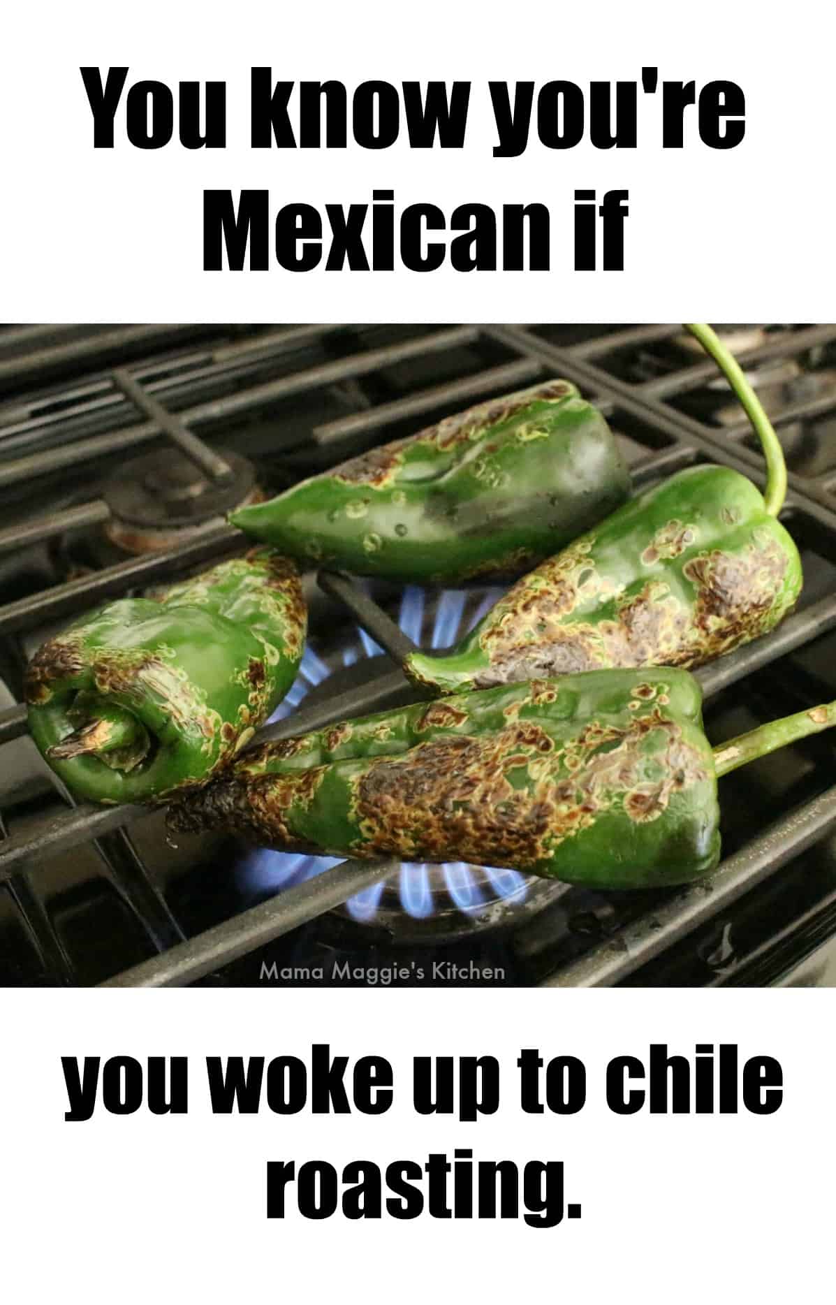 A picture of poblanos roasting on a gas stove.