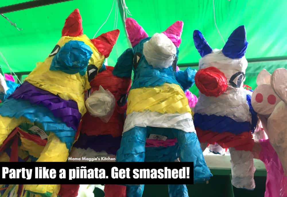 Pinatas hanging from the ceiling. 