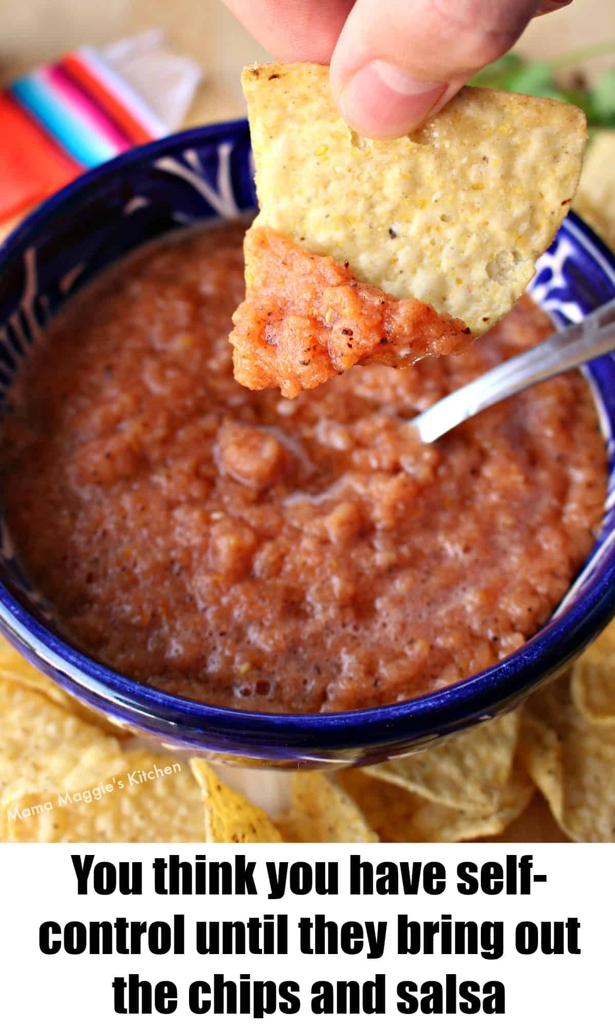 A hand holding a chip with salsa.