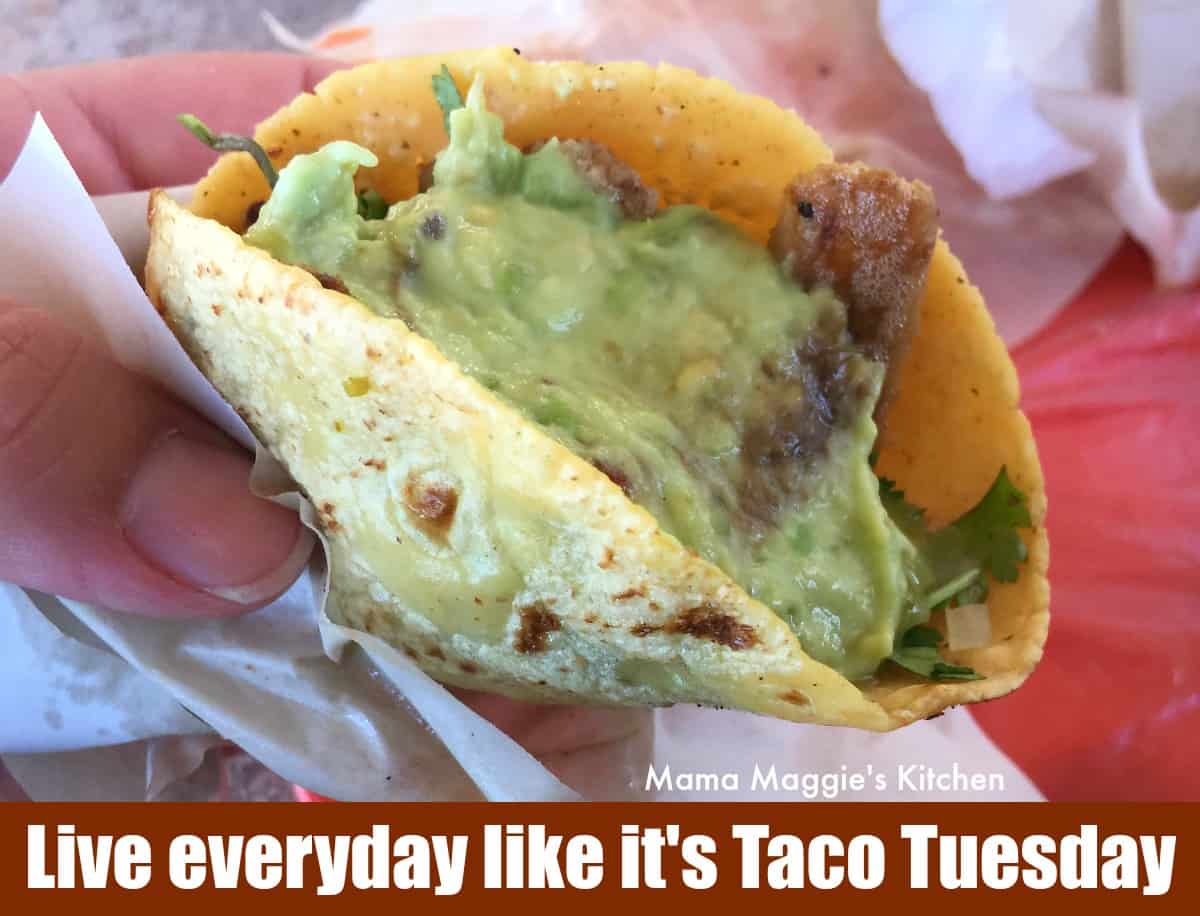 A hand holding a taco topped with guacamole.
