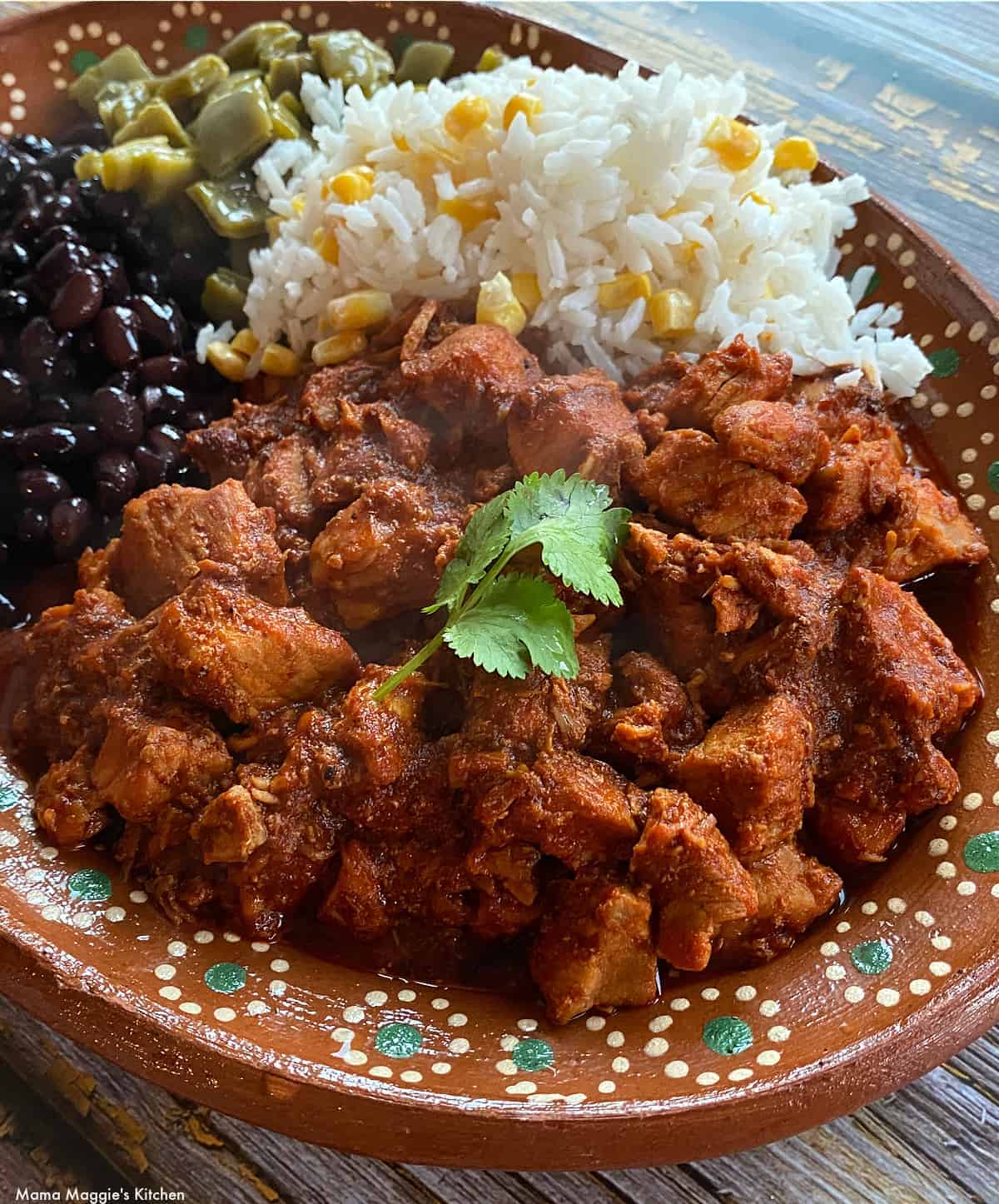 Asado de Puerco served on a decorative clay plate next to rice, beans, and nopales.