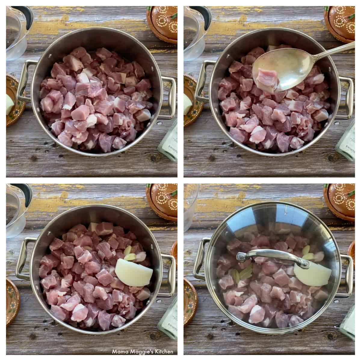 A collage showing how to cook the pork in a stock pot.
