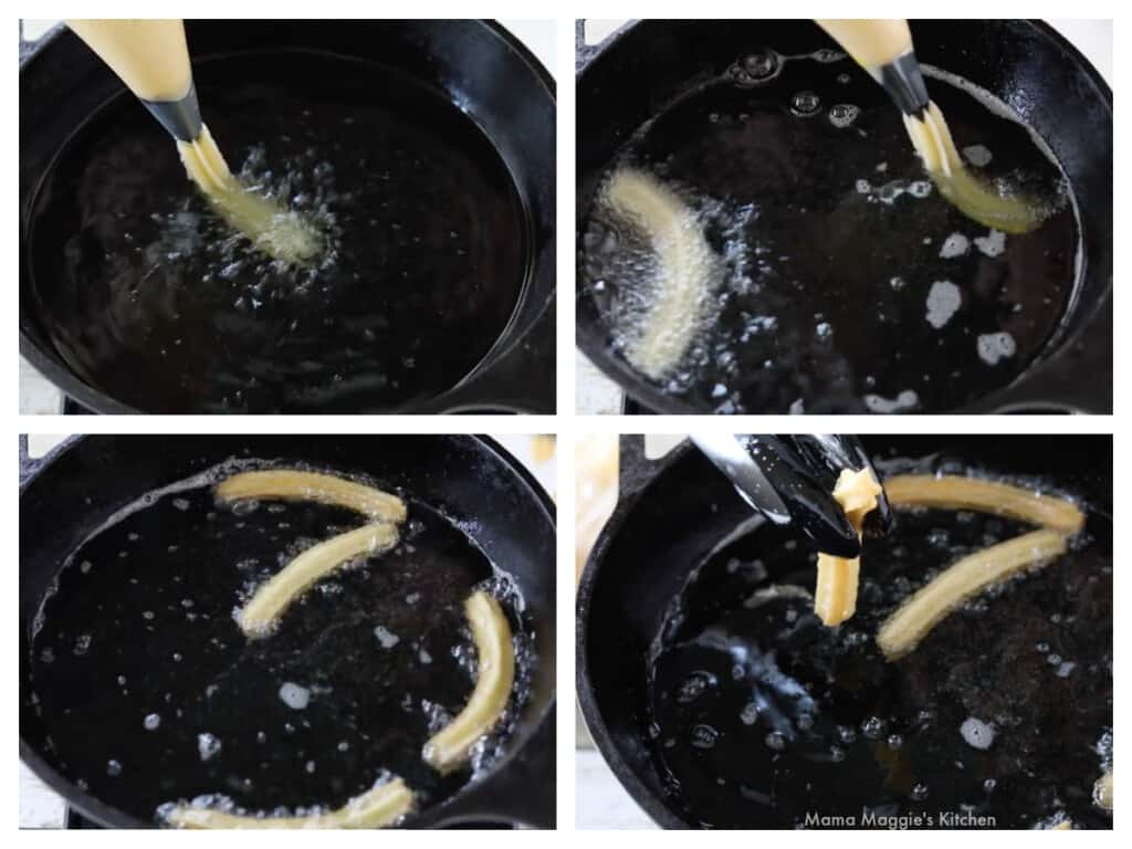 A collage showing how to fry the churros.