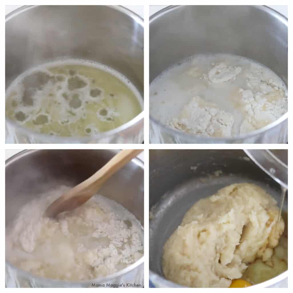 A collage showing how to make the dough for churros.