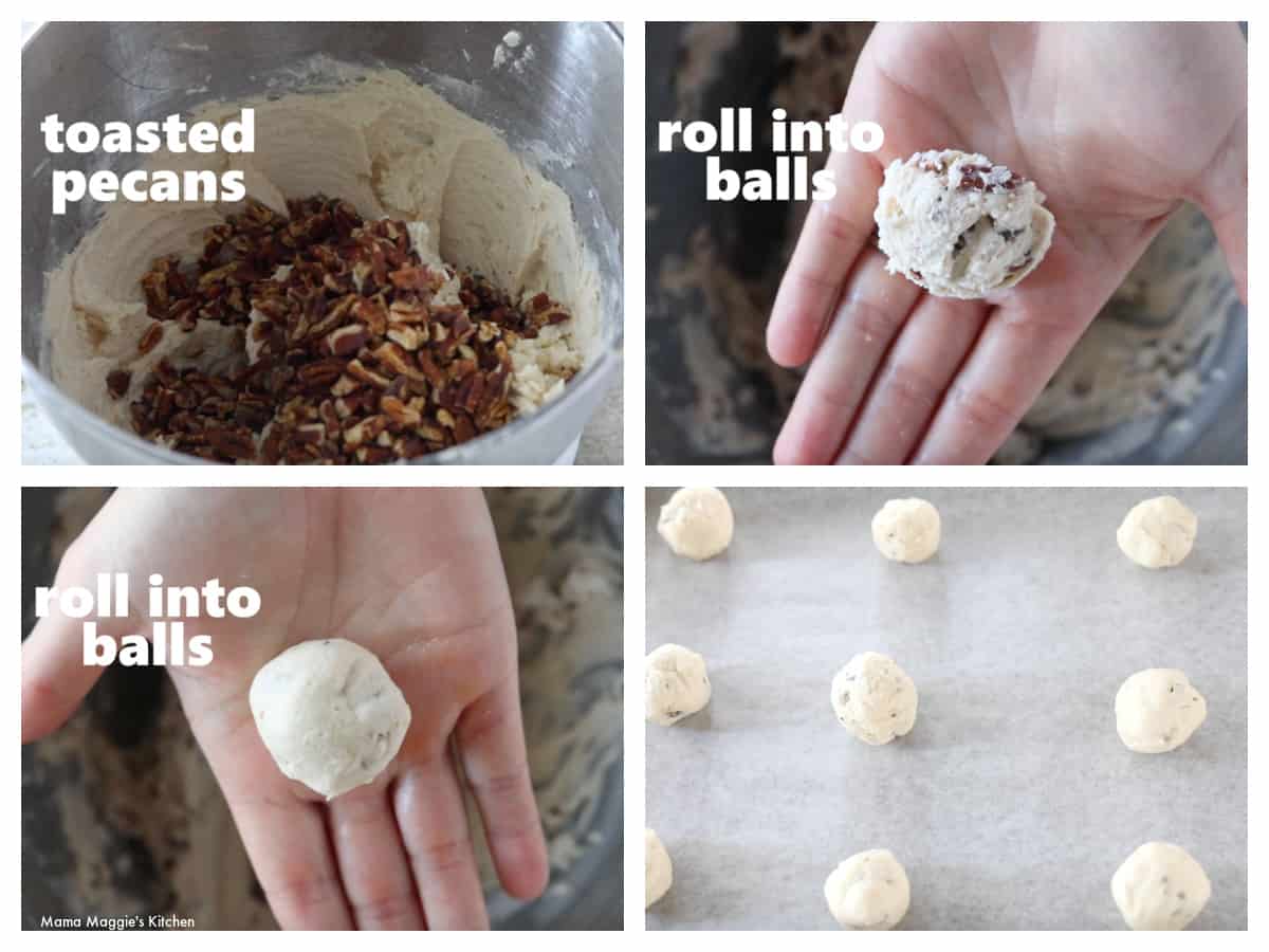 A collage showing how to form the balls for the cookies.