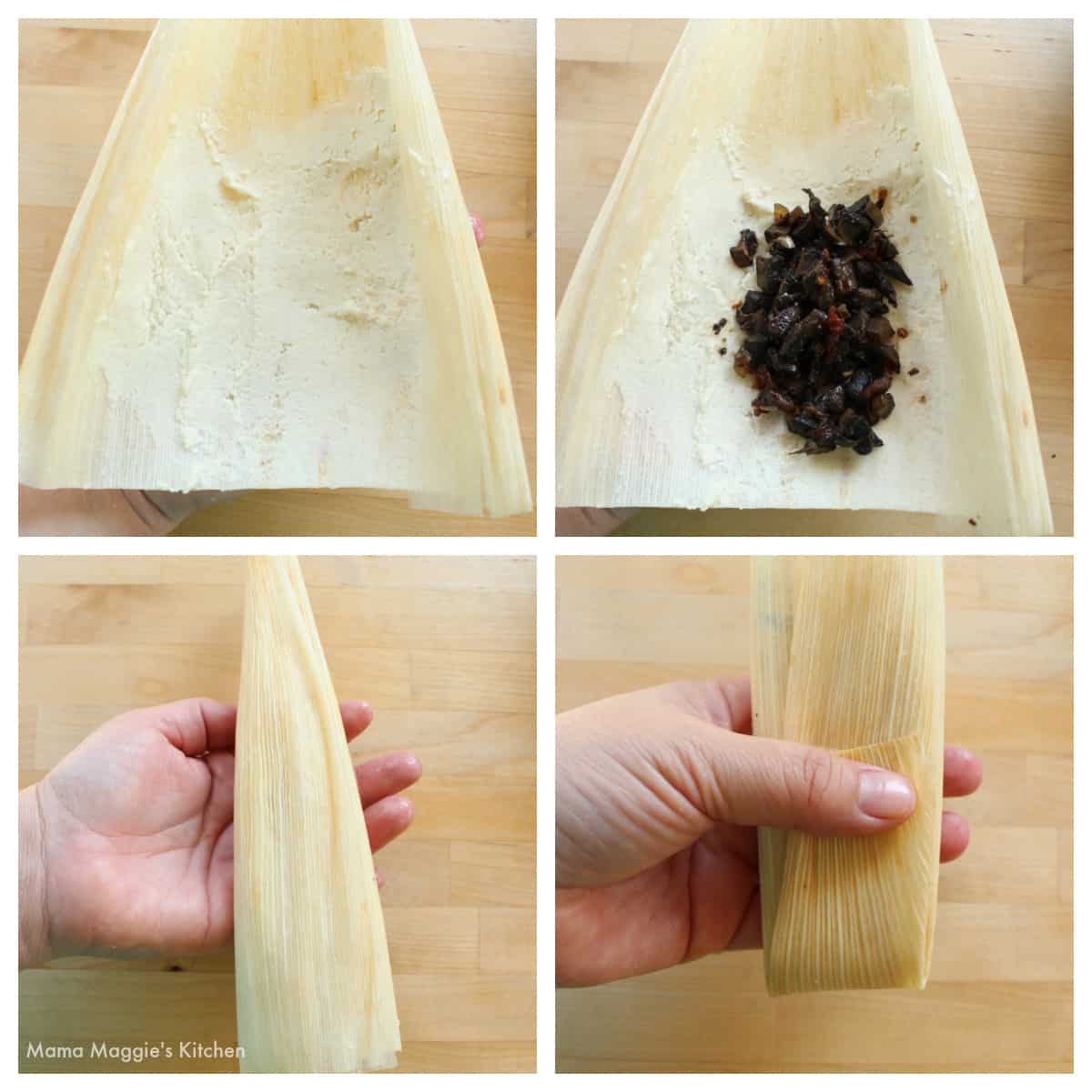 A collage showing how to fold and assemble tamales.
