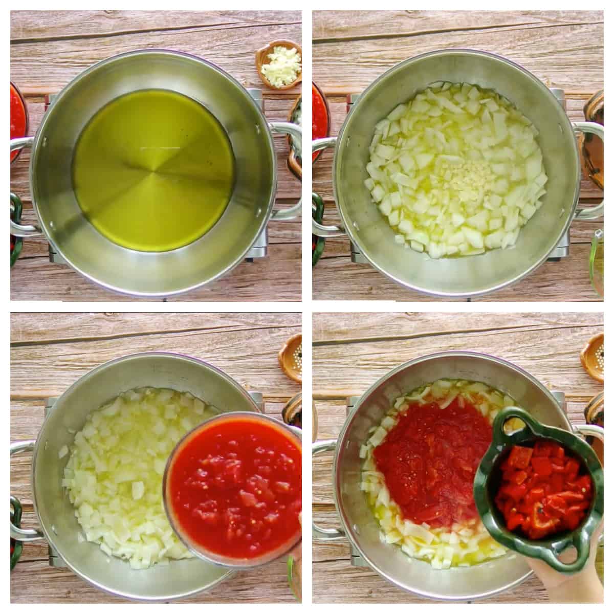 A collage showing how to make the tomato sauce.
