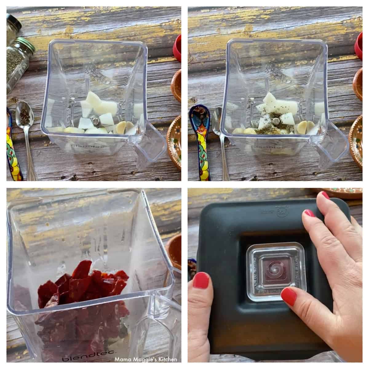 A collage showing how to make the chile colorado sauce in a blender.