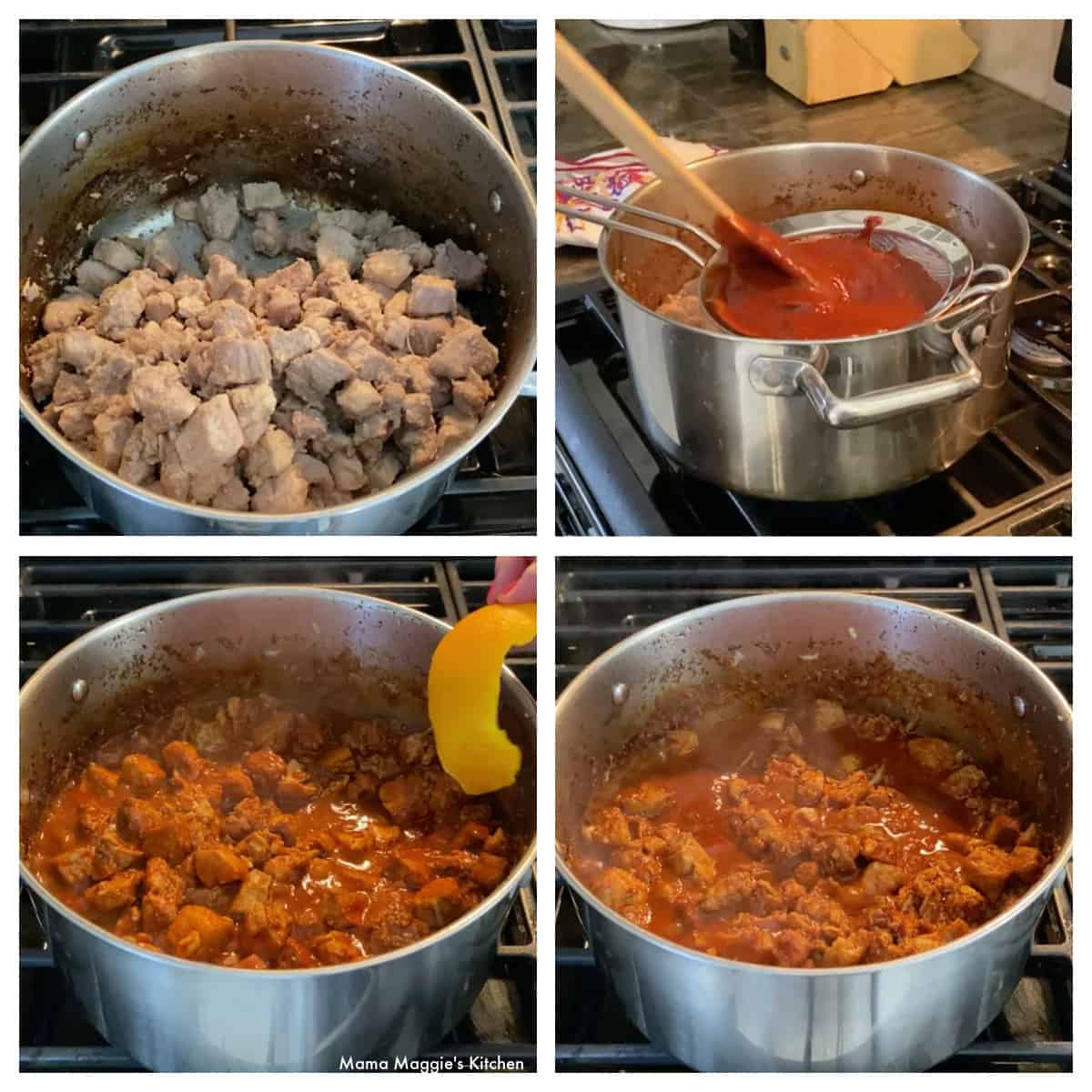 A collage showing how to add the red chile sauce to the pork in the stock pot.