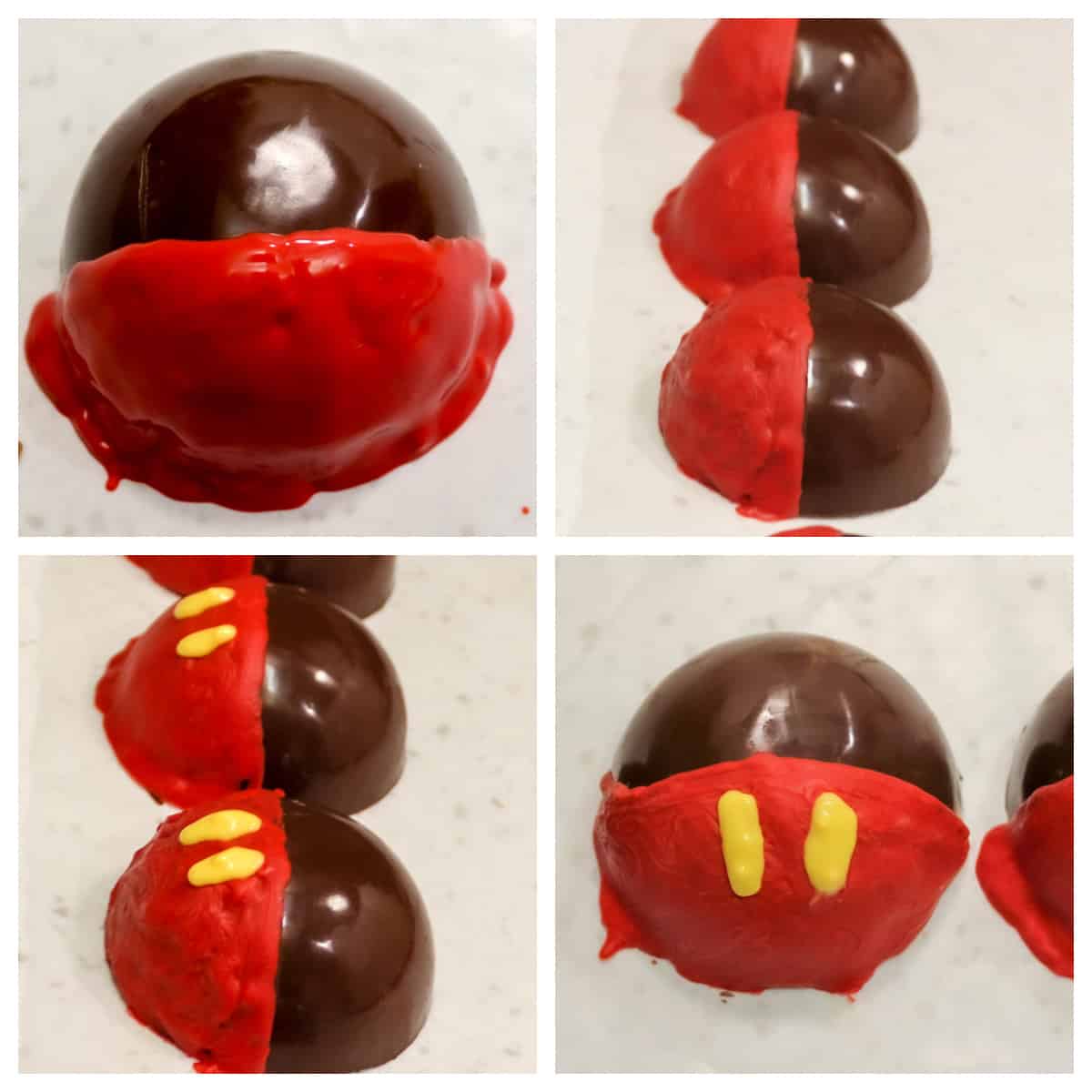 A collage showing how to assemble. Mickey Mouse Hot Chocolate Bombs.