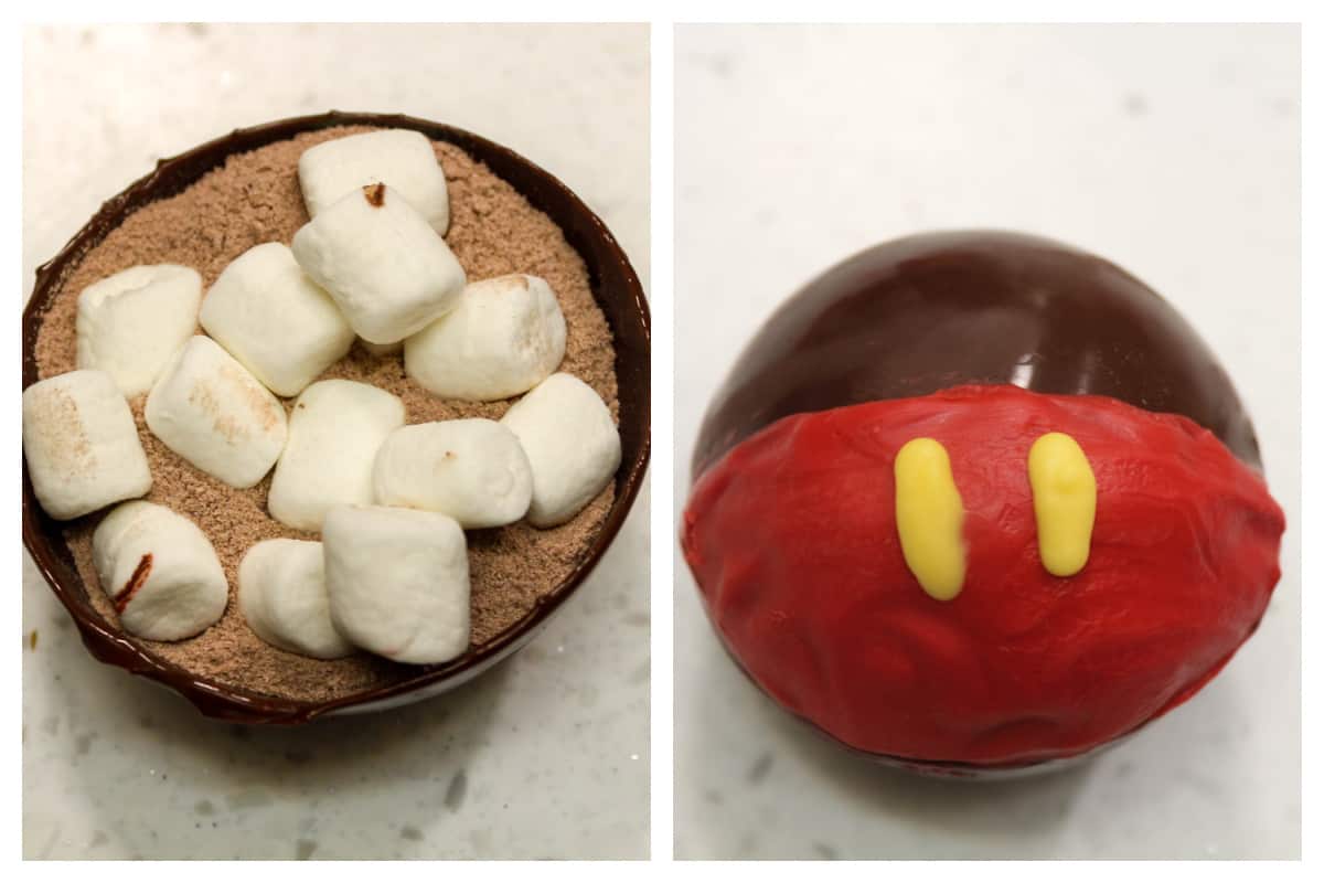 Two pictures showing the inside and how to cover the chocolate bombs.