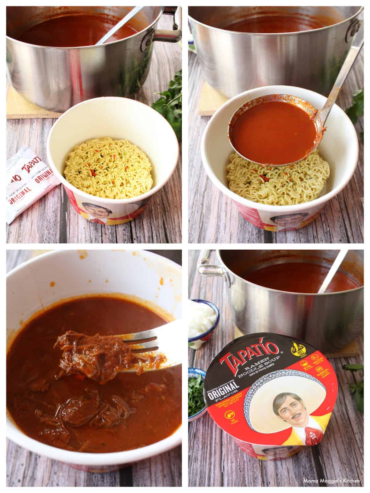 A collage showing how to assemble the birria ramen.
