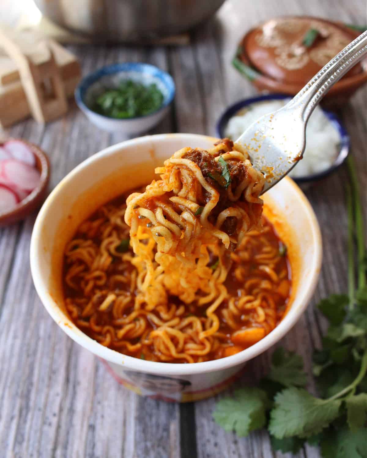 A fork holding birria ramen surrounded by the toppings.