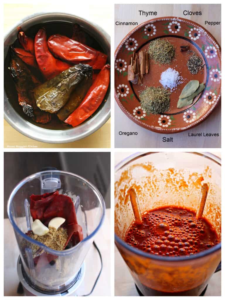 A collage showing how to make the sauce for birria.