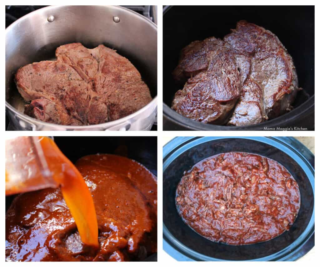 A collage showing how to make birria in an stock pot.