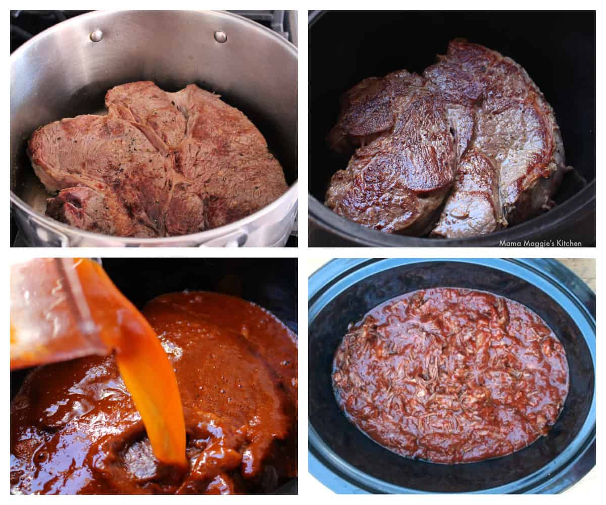 A collage showing how to make birria in an stock pot.
