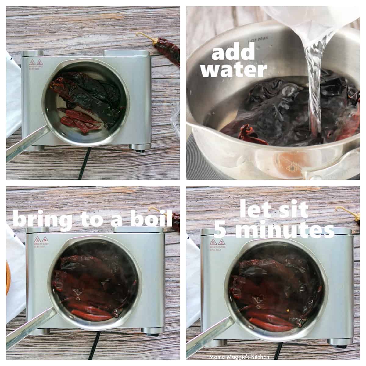 A collage showing how to rehydrate dried chiles.