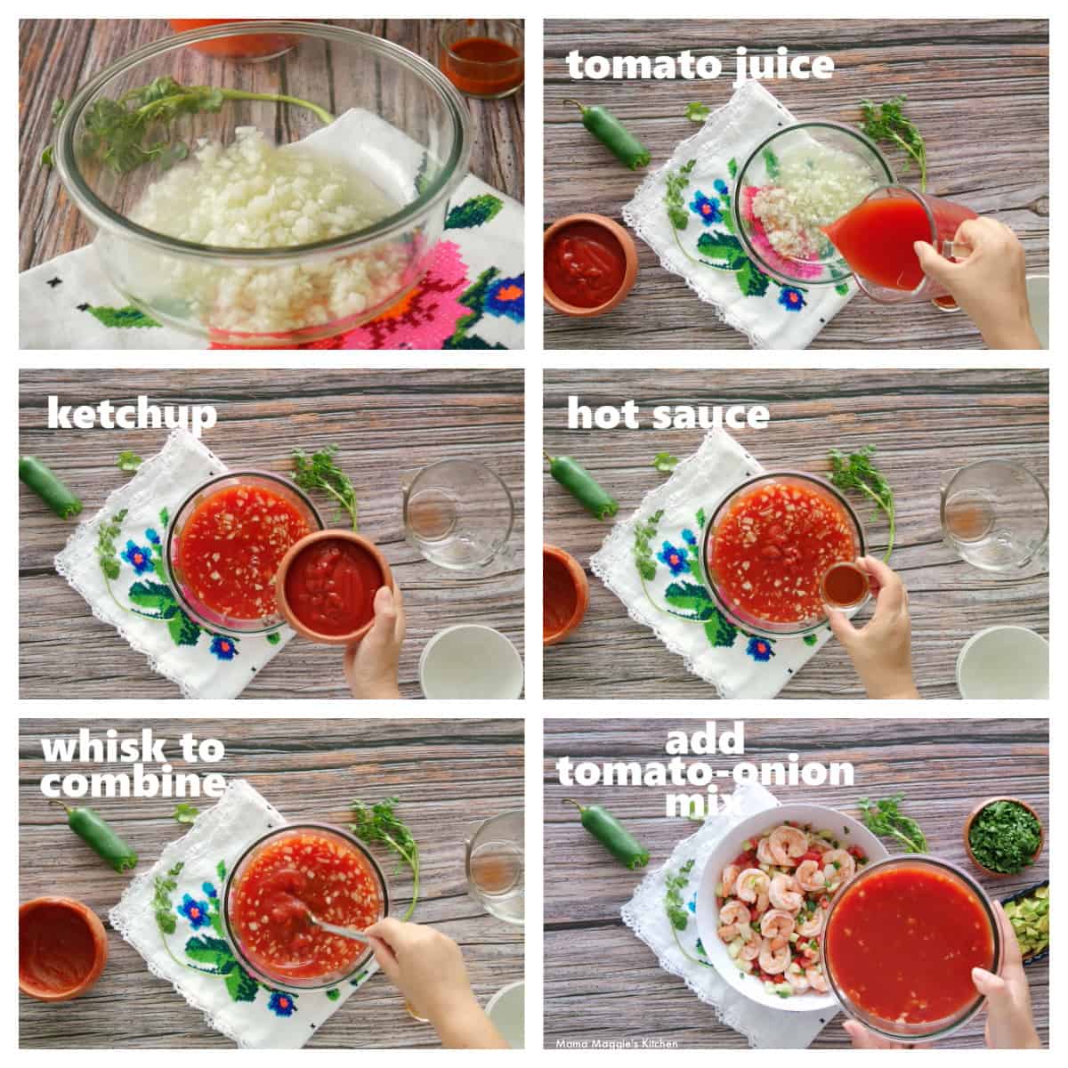 A collage showing how to make coctel de camarones (Mexican Shrimp Cocktail).