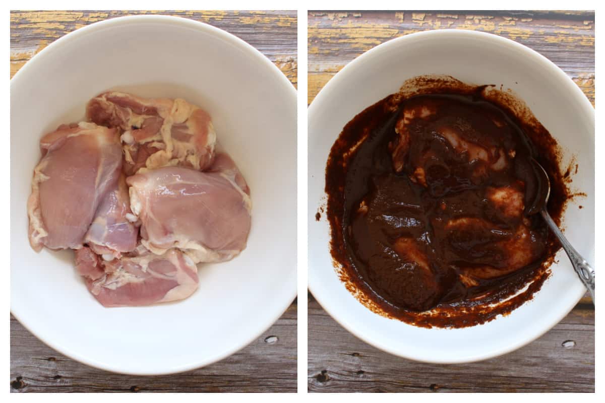 A collage showing chicken thighs how to marinate the chicken thighs.