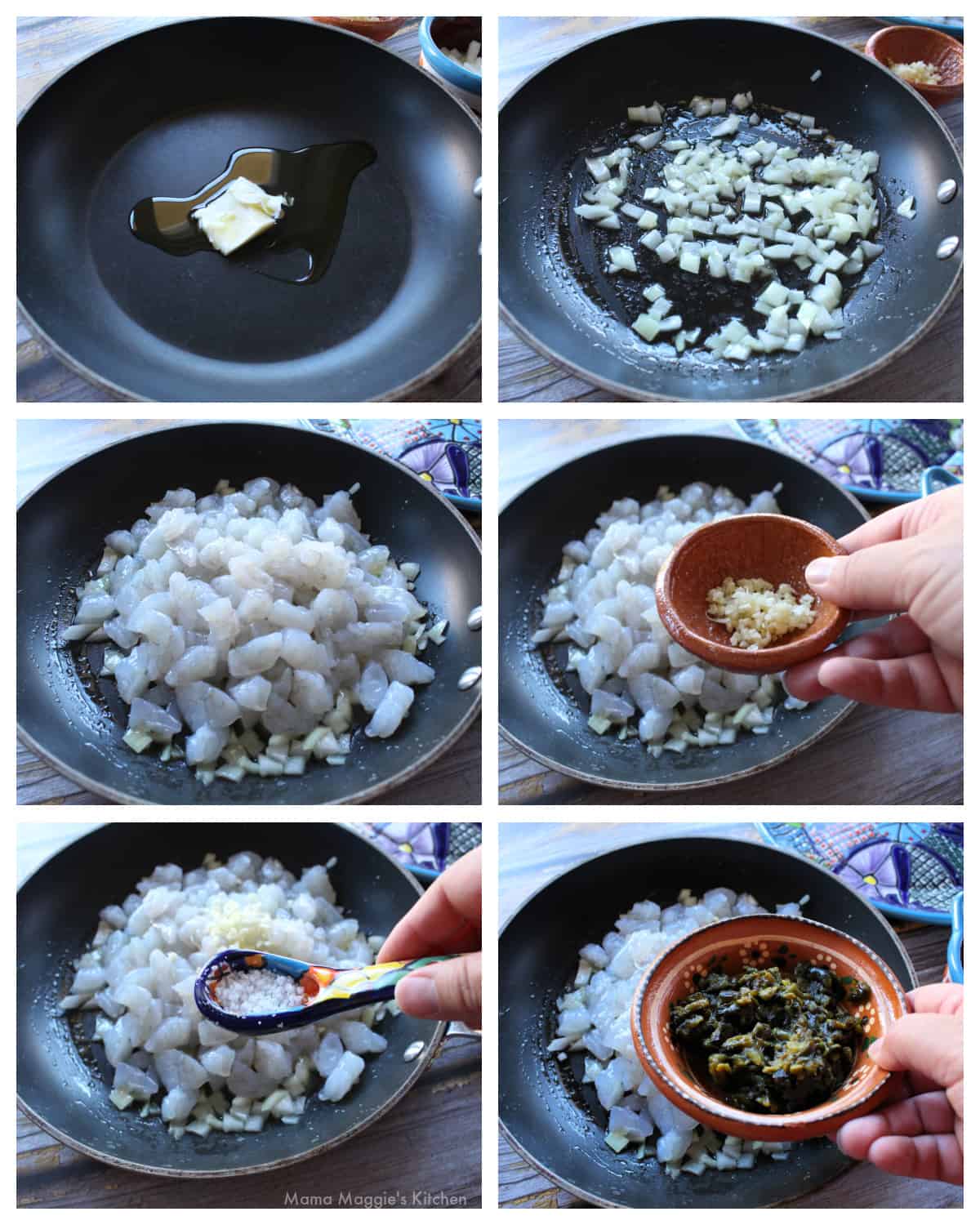 A collage showing how to make the shrimp filling.