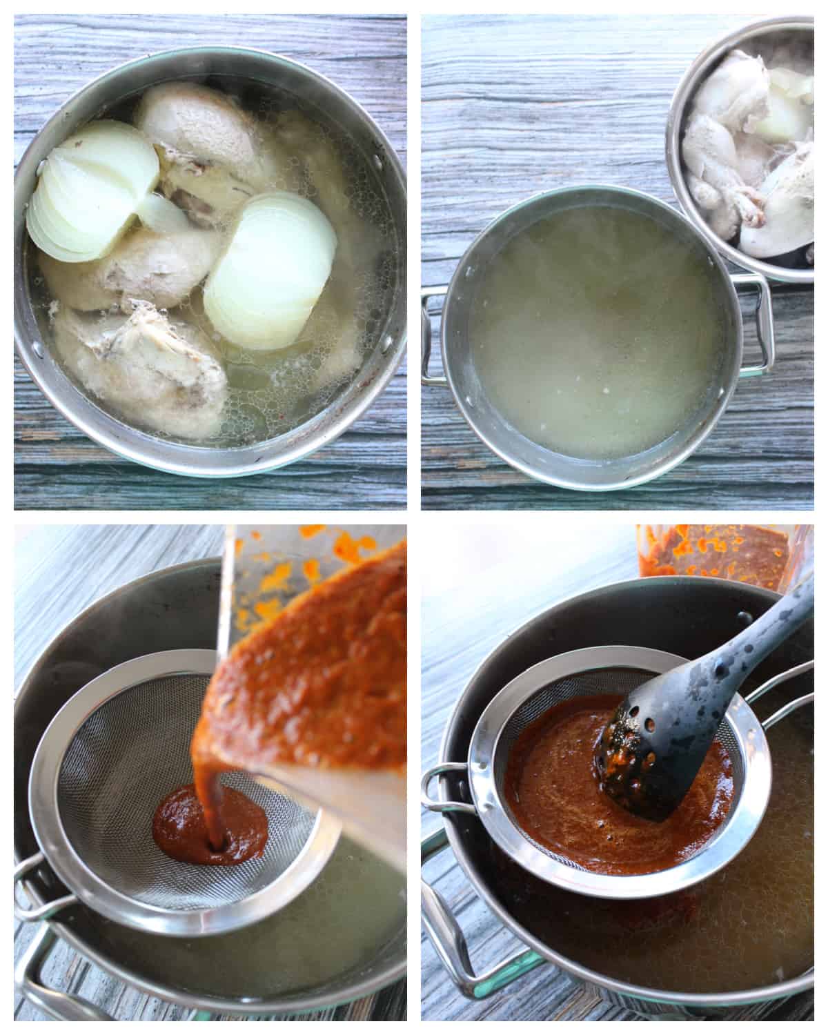 A collage showing cooked chicken and the red chile sauce being poured into the stock pot with the remaining broth.