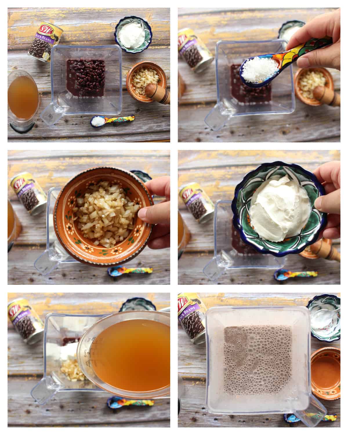 A collage showing how to make the crema de frijol in a blender.