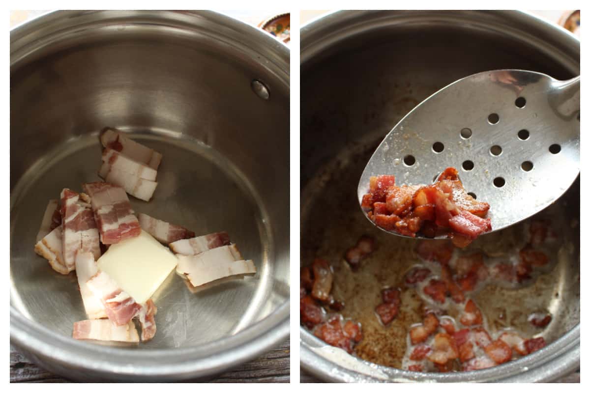 A collage of two pictures showing how to cook bacon.
