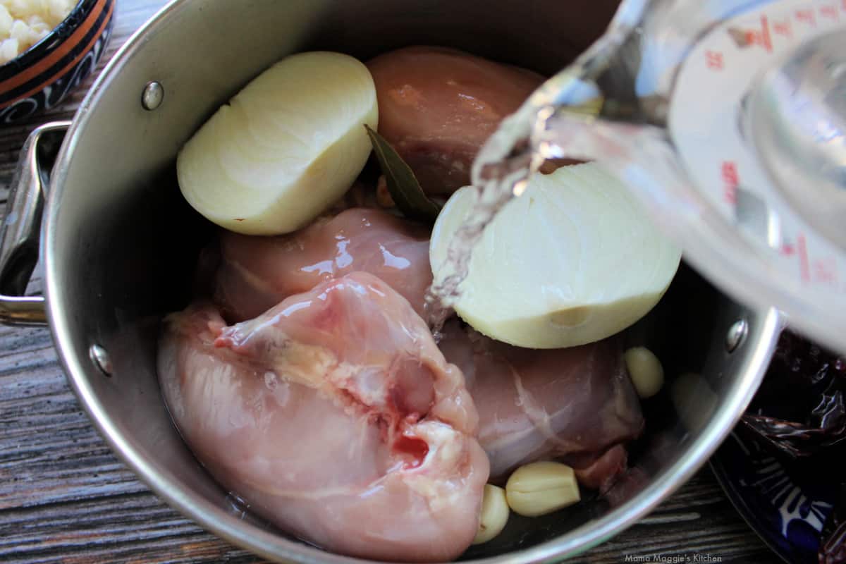 Water being poured into a stock pot with raw chicken, onions, and garlic.