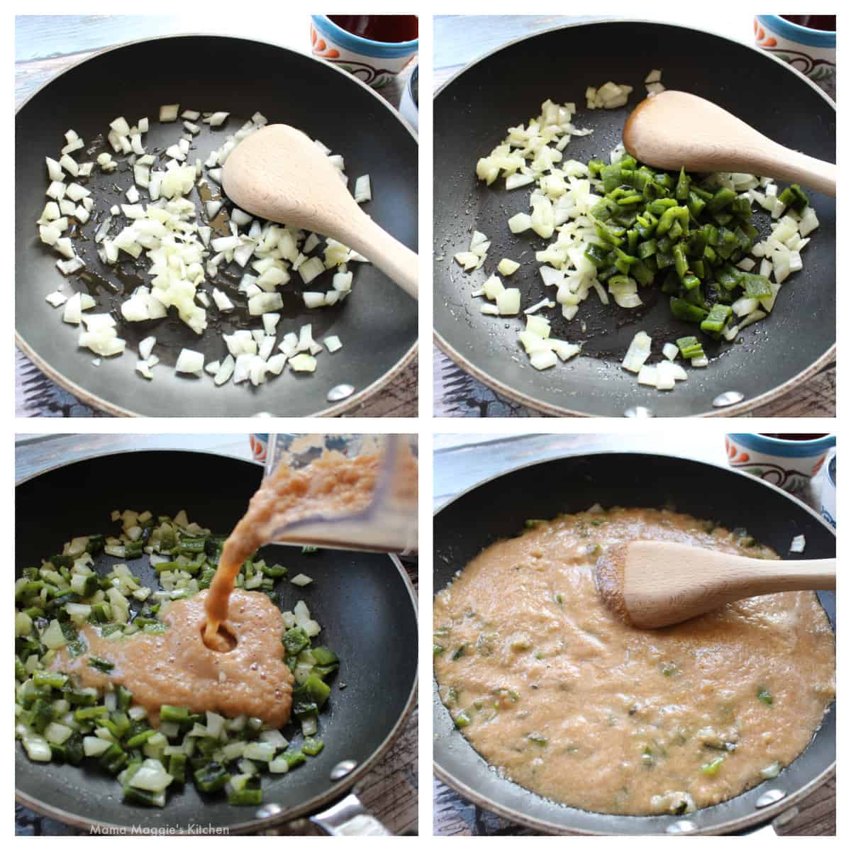 A collage showing how to cook the poblano pepper and tomato sauce in a skillet.