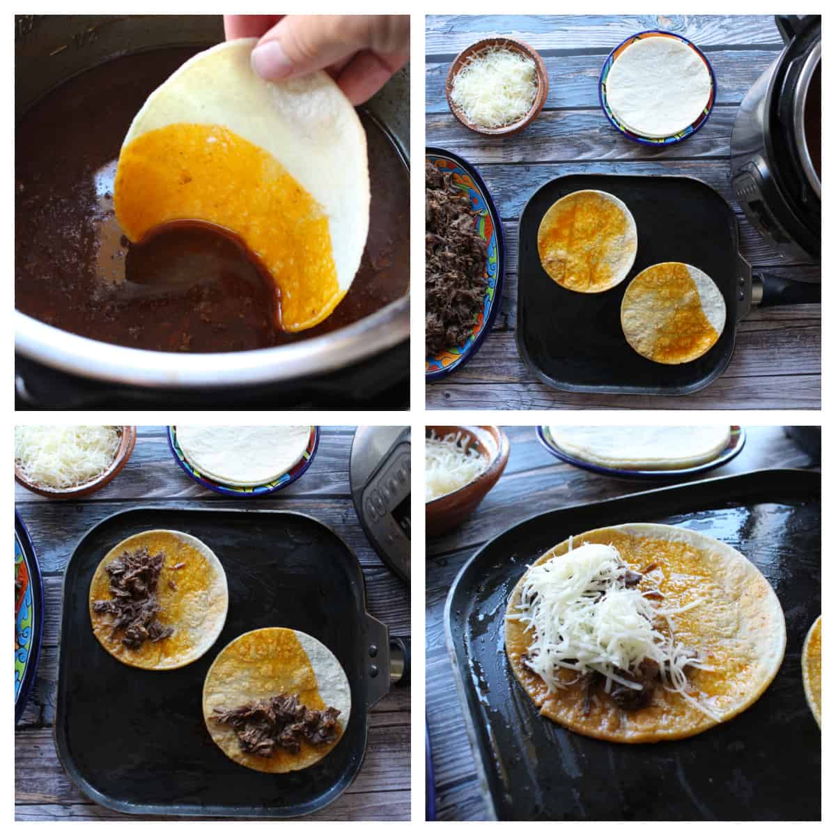 A collage showing how to make the quesatacos de birra.
