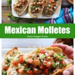 A collage showing molletes plated and eating.