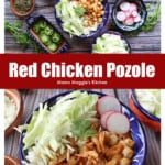 Red Chicken Pozole served in a decorative blue plate and surrounded by the toppings.