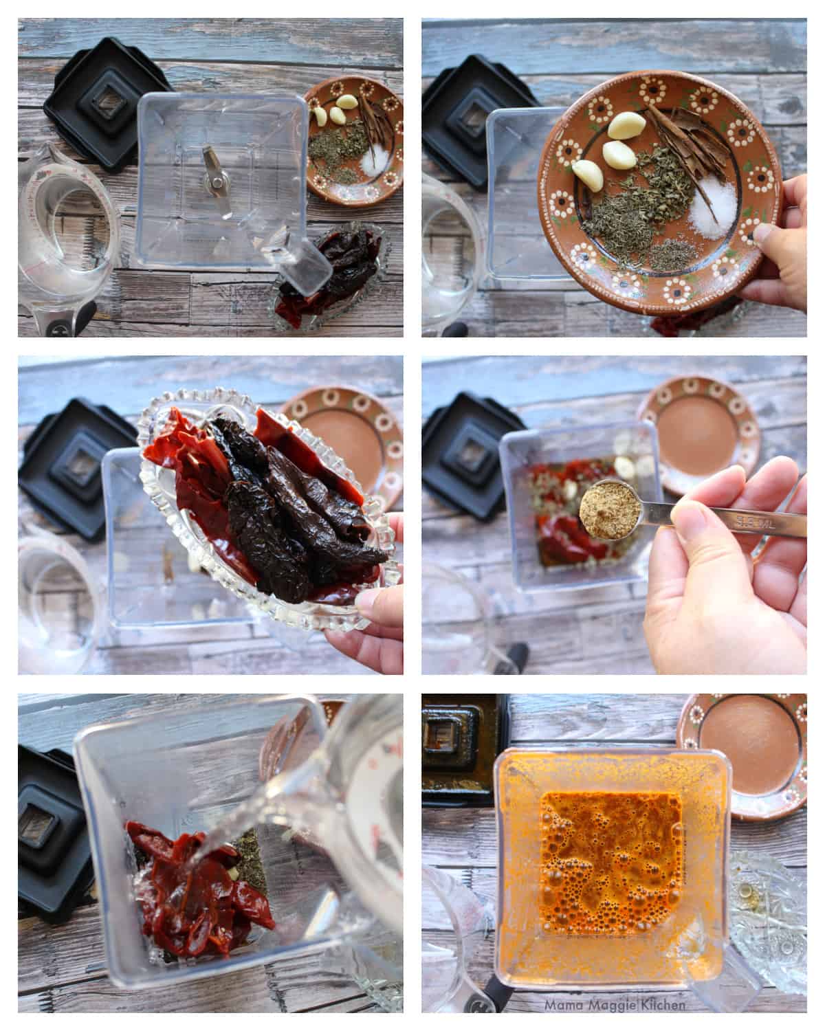 A collage showing how to make the red chile sauce.