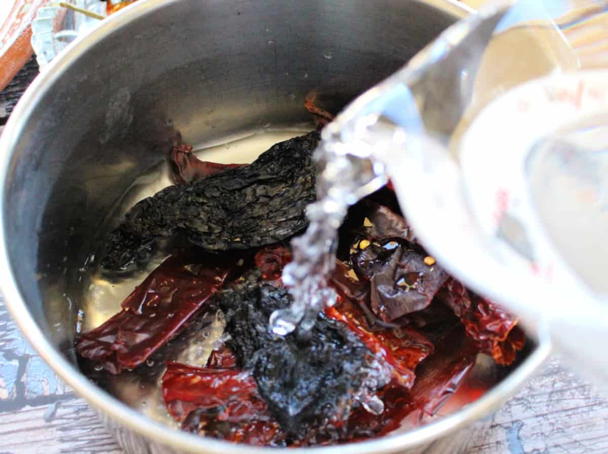 Water pouring into a stock pot with dried chiles.