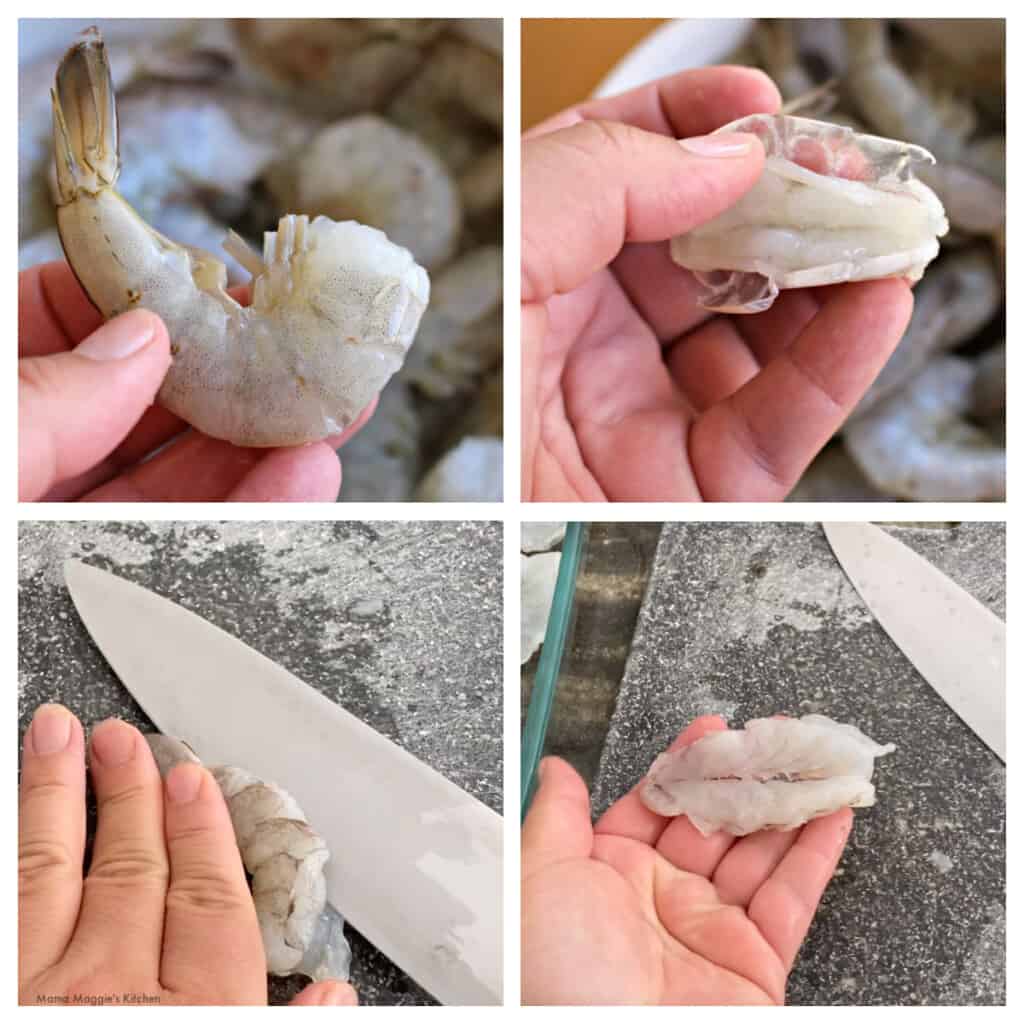 A collage showing how to butterfly shrimp.