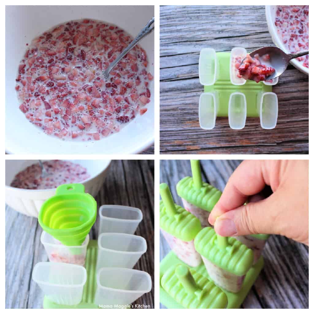 A collage showing how to assemble the Mexican popsicles.