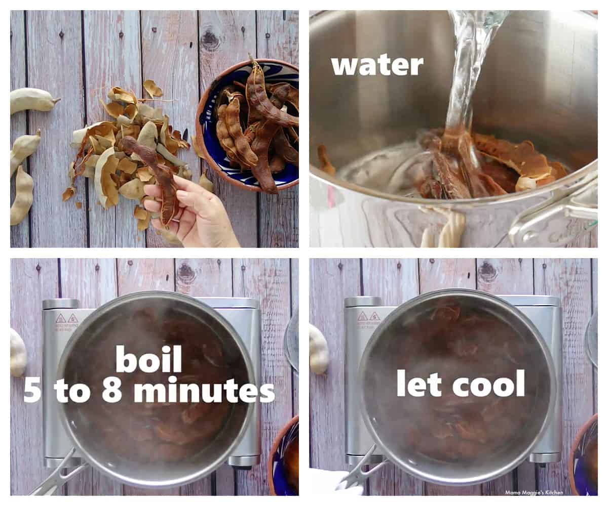 A collage showing how to peel and boil the tamarind.