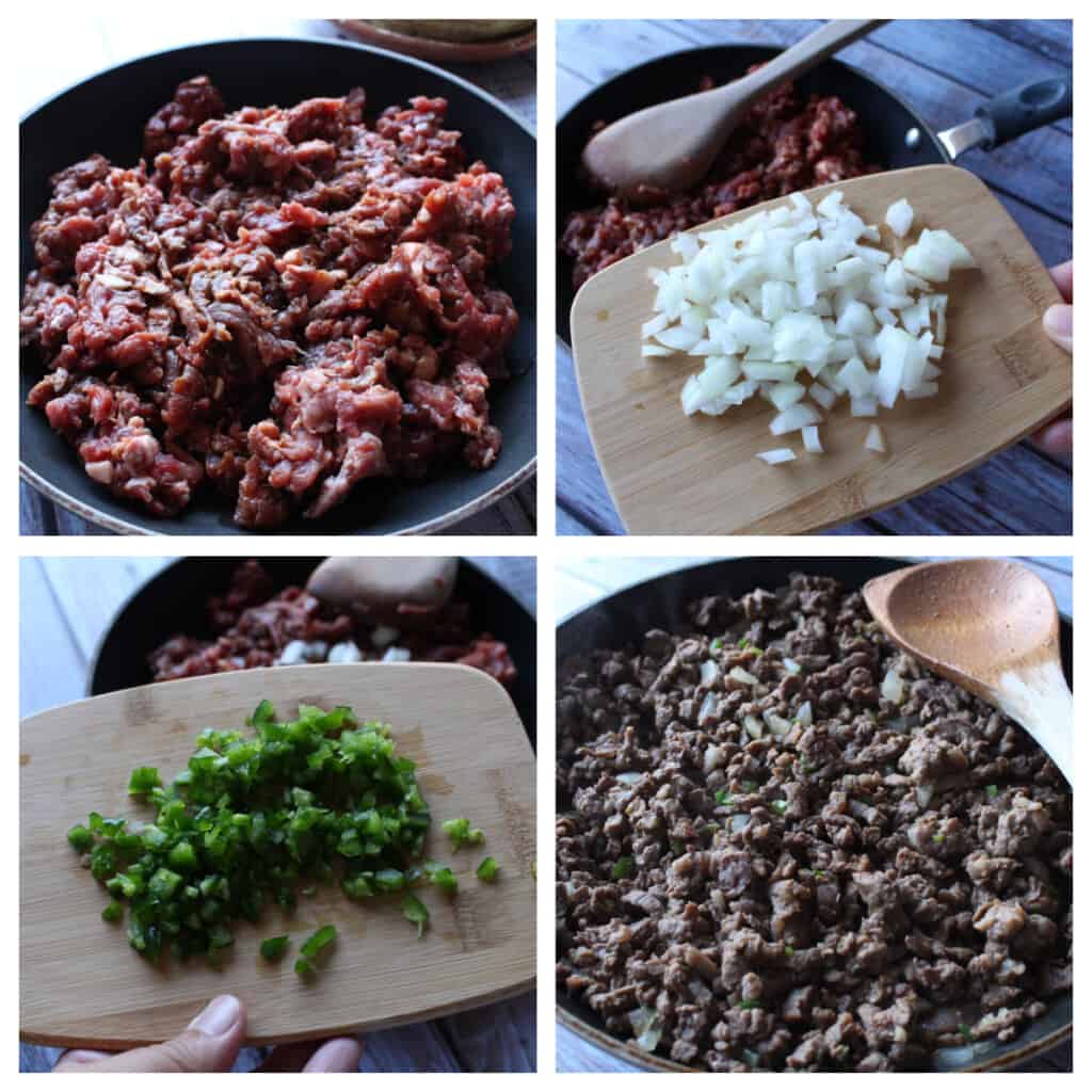 A collage showing how to make the filling for mulitas.