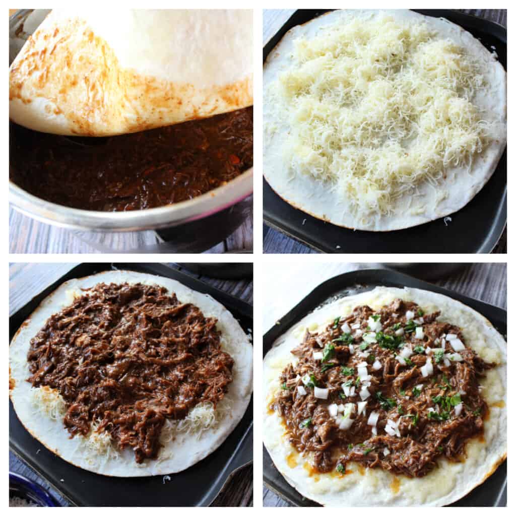 A collage showing how to make a layer of birria pizza.